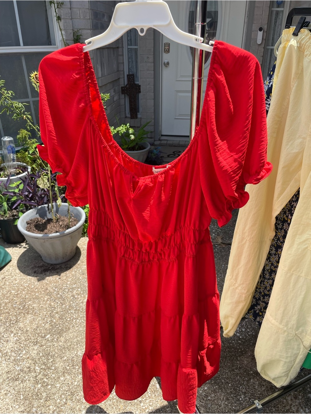 liberty Red Midi Dress with Puff Sleeves
